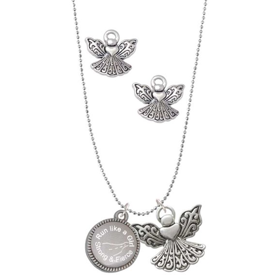 Delight Jewelry Stainless Steel Disc Run Like a Girl - Strong and Fierce Silver tone Guardian Angel Charm Necklace and Stud Earrings
