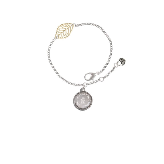 Delight Jewelry Stainless Steel Disc She Believed She Could So She Did - Goldtone Leaf Delicate Bracelet, 6.25+1.75"