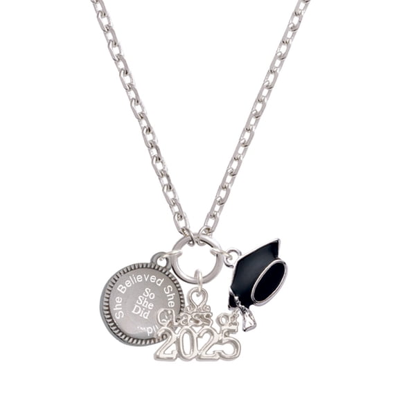 Delight Jewelry Stainless Steel Disc She Believed She Could So She Did - Silver-tone Class of 2025 Graduation Zoey Necklace, 28"