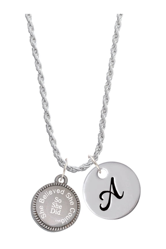 Stainless Steel Disc She Believed She Could So She Did Silvertone Script Initial Disc - A - Charm Necklace, 20"+3"