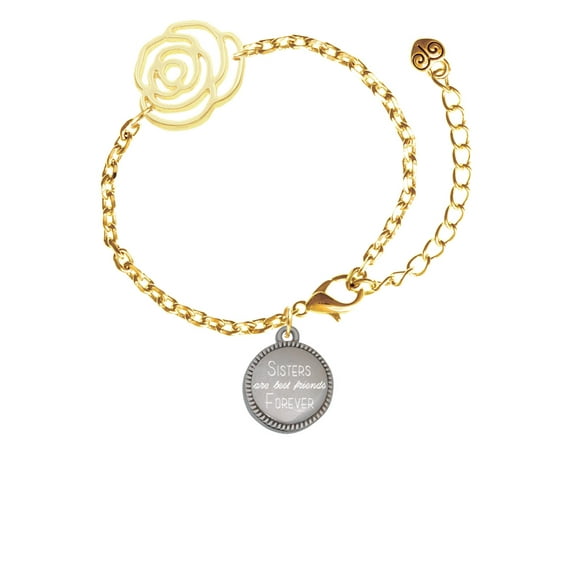 Delight Jewelry Stainless Steel Disc Sisters are Best Friends Forever Gold-tone Flower Link Chain Bracelet, 6.75"+2" Extender
