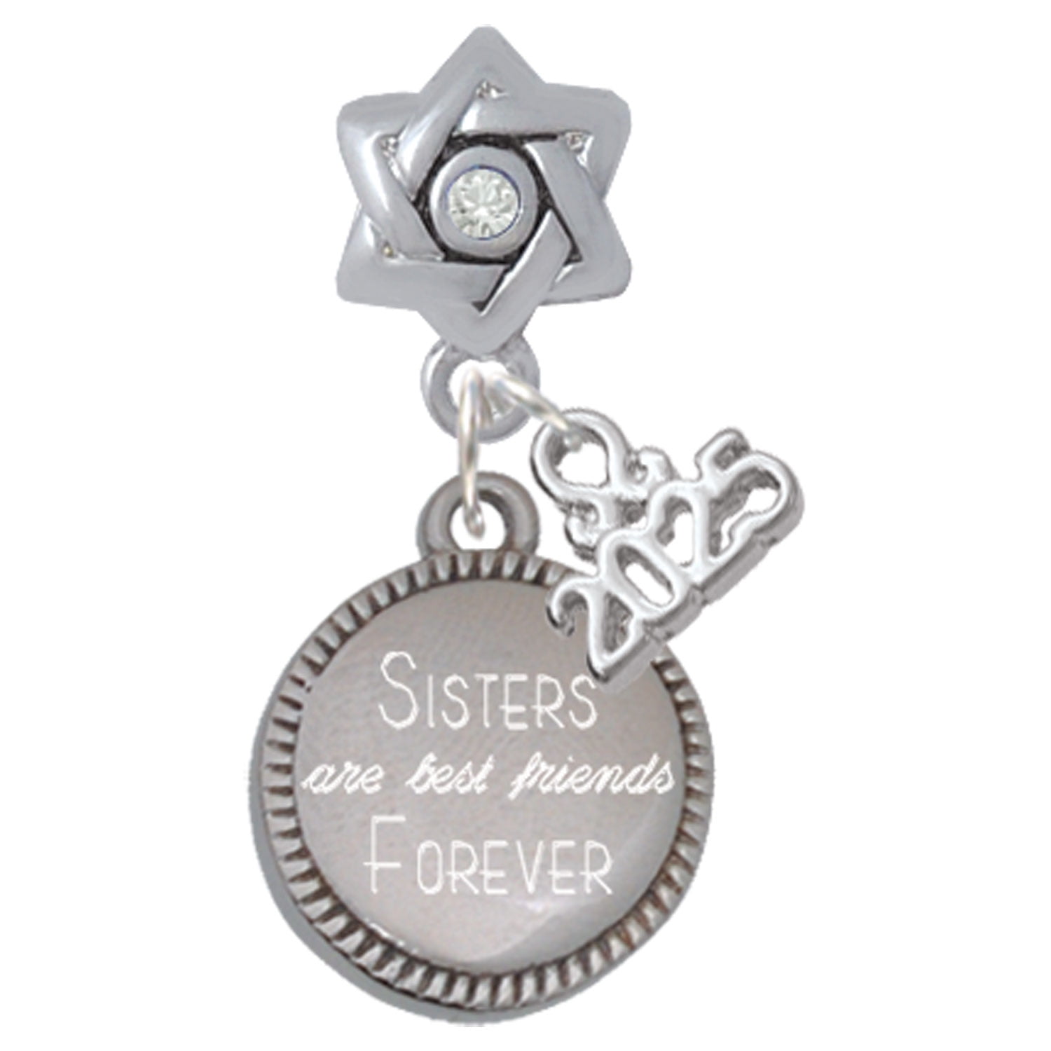 Delight Jewelry Stainless Steel Disc Sisters are Best Friends Forever - Silver-tone Clear Star of David Charm Bead Dangle with Mini 2025