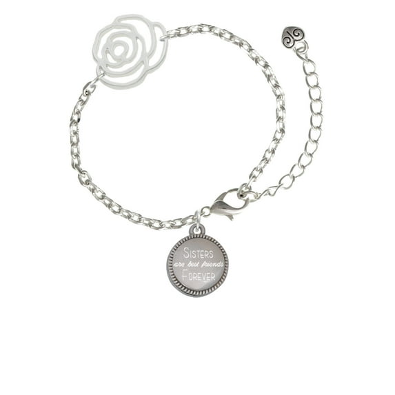 Delight Jewelry Stainless Steel Disc Sisters are Best Friends Forever Silver-tone Flower Link Chain Bracelet, 6.75"+2" Extender
