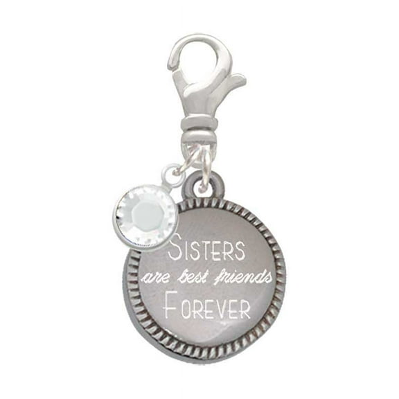 Delight Jewelry Stainless Steel Disc Sisters are Best Friends Forever - Silvertone Clip on Charm with Clear Crystal Drop