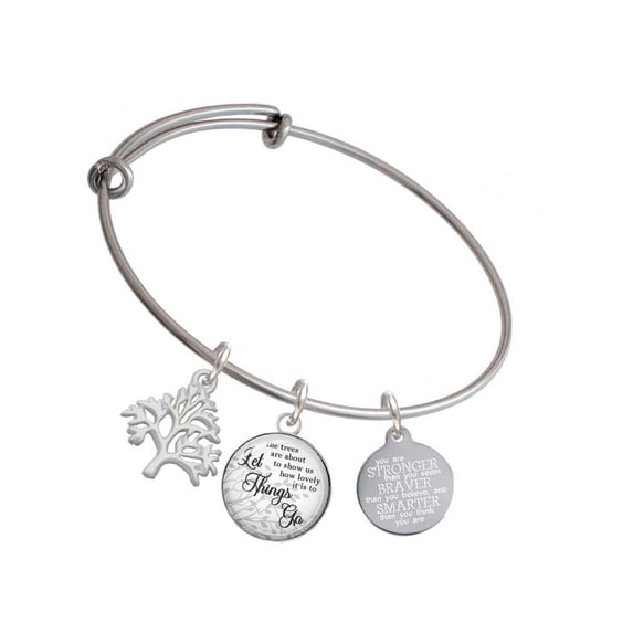 Delight Jewelry Stainless Steel Disc Stronger Braver Smarter Silvertone Let Things Go Tree Charm Bangle Bracelet