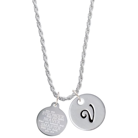 Delight Jewelry Stainless Steel Disc Stronger Braver Smarter Silvertone Script Initial Disc - V - Charm Necklace, 20"+3"
