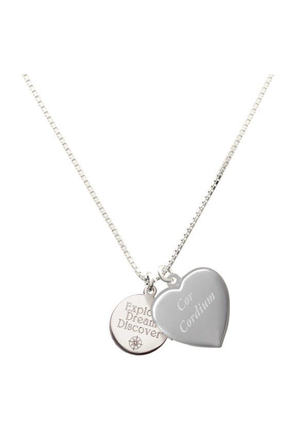 Stainless Steel Engraved Explore Dream Discover Disc - Silver Plated Engraved Cor Cordium Heart Locket Necklace, 17.5"+2" Extender