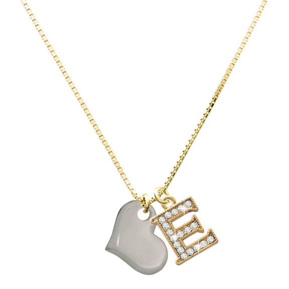 Delight Jewelry Stainless Steel Heart - Large Goldtone Crystal Initial - E - Charm Necklace, 17.5"+2"
