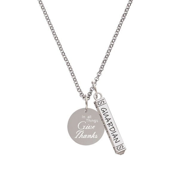 Delight Jewelry Stainless Steel In all things Give Thanks Disc - Silvertone Guardian Angel Bar Charm Necklace, 23"