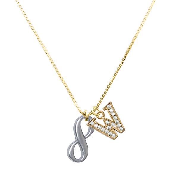 Delight Jewelry Stainless Steel Infinity Sign - Large Goldtone Crystal Initial - W - Charm Necklace, 17.5"+2"
