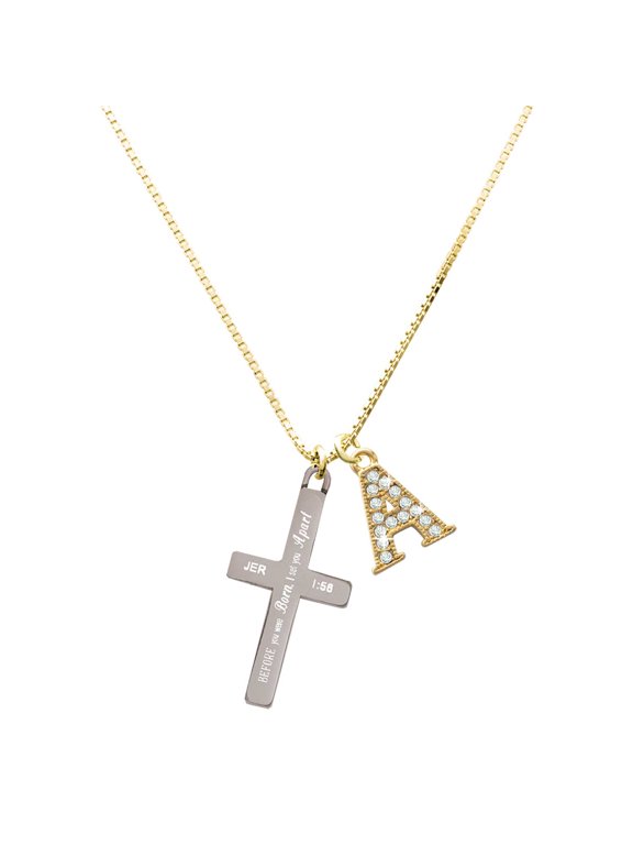 Stainless Steel Jeremiah 1:56 - I Set You Apart Engraved Cross - Large Goldtone Crystal Initial - A - Charm Necklace, 17.5"+2"