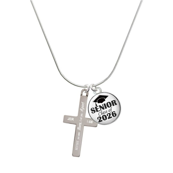 Delight Jewelry Stainless Steel Jeremiah 1:56 - I Set You Apart Engraved Cross - Silvertone Senior Class of 2026 Dome Necklace, 18"