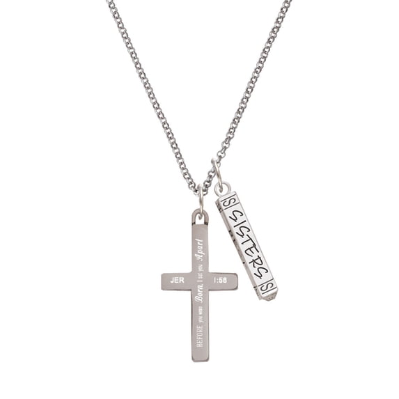 Delight Jewelry Stainless Steel Jeremiah 1:56 - I Set You Apart Engraved Cross - Silvertone Sisters Best Friends Forever Bar Charm Necklace, 23"