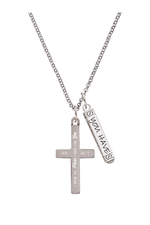 Stainless Steel Jeremiah 29:11 - I Have Plans for You Engraved Cross - Silvertone Live the Life You Have Imagined Bar Charm Necklace, 23"