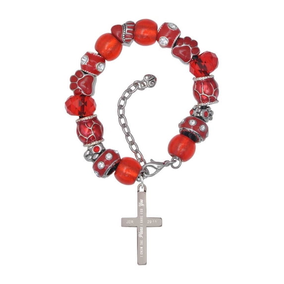 Delight Jewelry Stainless Steel Jeremiah 29:11 - I Have Plans for You Engraved Cross - Red Paw Print Bead Bracelet, 7"+2"
