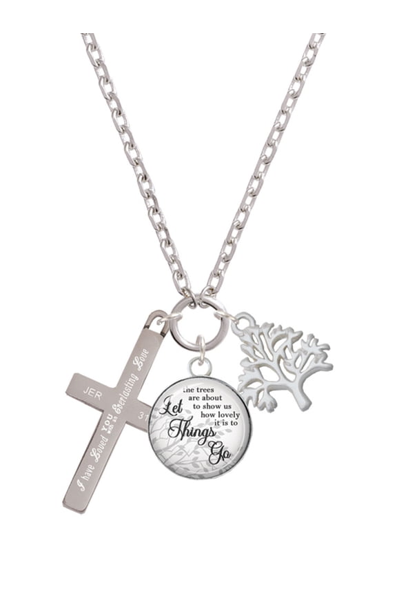 Stainless Steel Jeremiah 31:3 - Everlasting Love Engraved Cross - Let Things Go Fall Zoey Charm Necklace, 28"