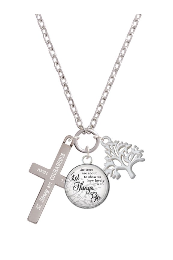 Stainless Steel Joshua 1:9 - Be Strong and Courageous Engraved Cross - Let Things Go Fall Zoey Charm Necklace, 28"