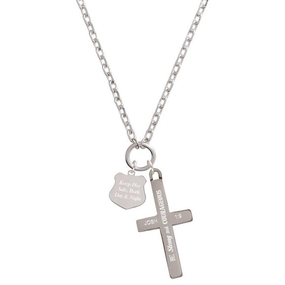 Delight Jewelry Stainless Steel Keep Her Safe Police Badge-Shape - Be Strong and Courageous Engraved Cross Zoey Necklace, 28"