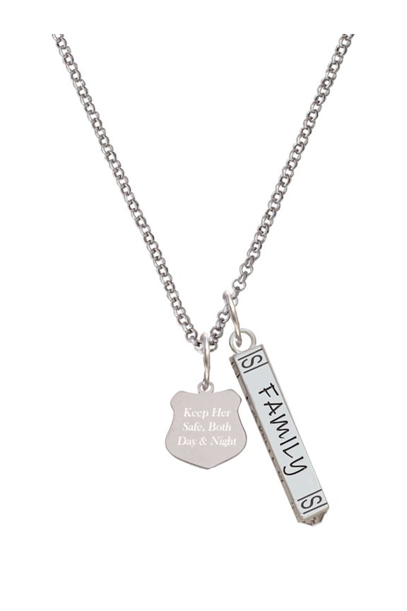 Stainless Steel Keep Her Safe Police Badge - Silvertone Family Bar Charm Necklace, 23"