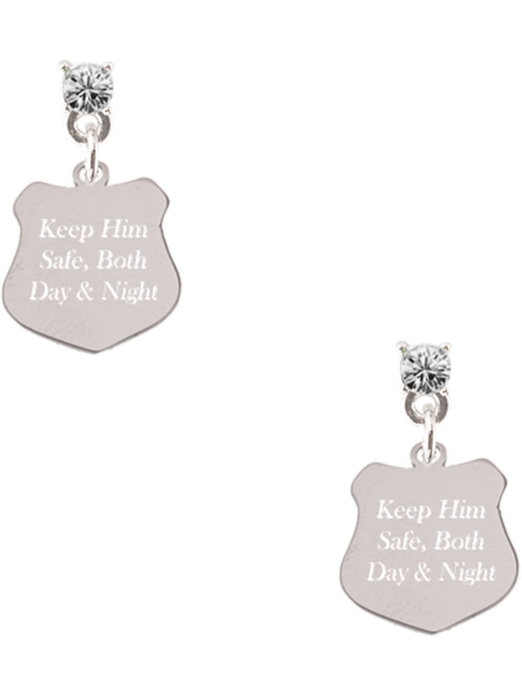 Delight Jewelry Stainless Steel Keep Him Safe Police Badge - Clear Crystal Post Earrings