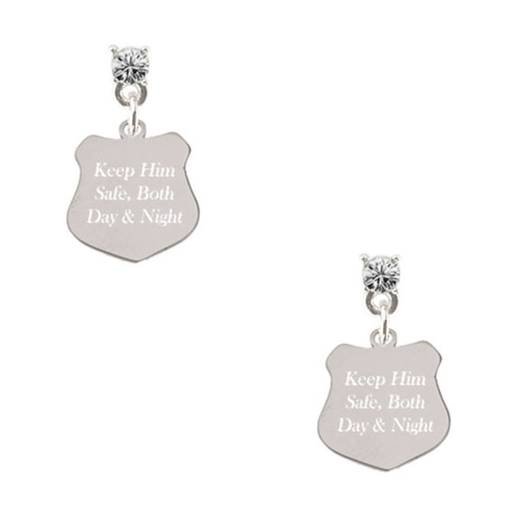Delight Jewelry Stainless Steel Keep Him Safe Police Badge - Clear Crystal Post Earrings