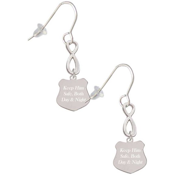 Delight Jewelry Stainless Steel Keep Him Safe Police Badge - Silver tone Infinity French Earrings