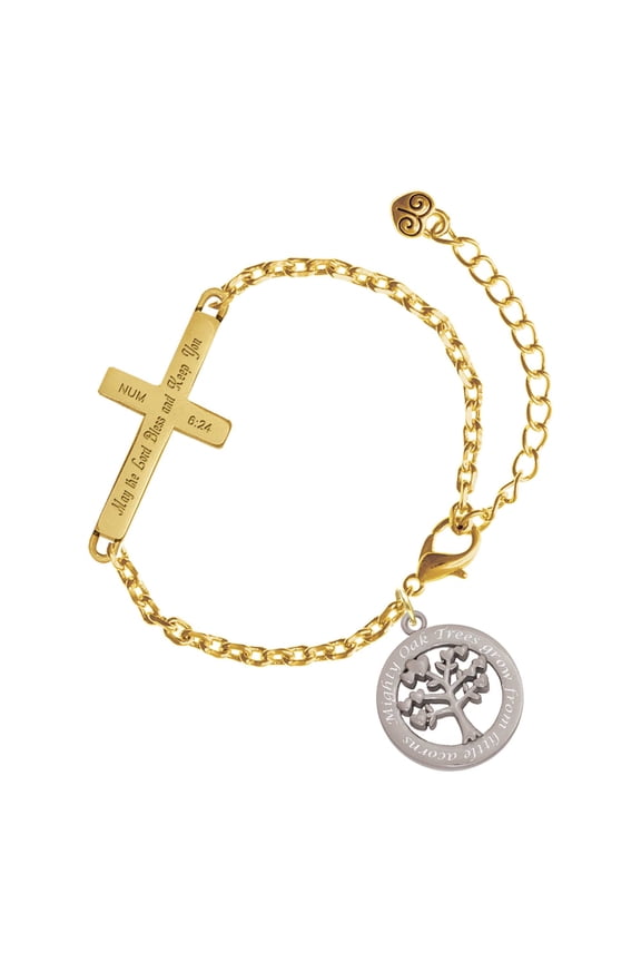 Stainless Steel Mighty Oak Tree of Life - Gold Tone Numbers 6:24 May the Lord Bless You Engraved Cross Charm Bracelet, 6.5+1.5" Extender