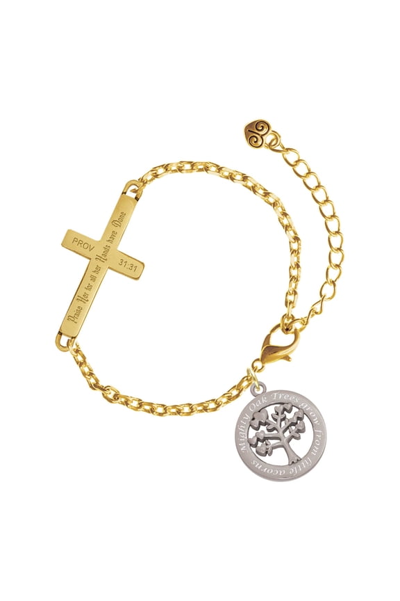Stainless Steel Mighty Oak Tree of Life - Gold Tone Proverbs 31:31 Praise Her for all Her Hands have Done Engraved Cross Charm Bracelet, 6.5+1.5" Extender