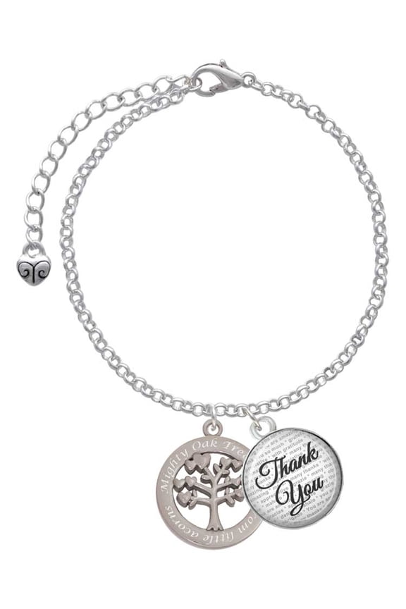 Stainless Steel Mighty Oak Tree of Life - Domed Thank You Charm Bracelet, 6"+2"