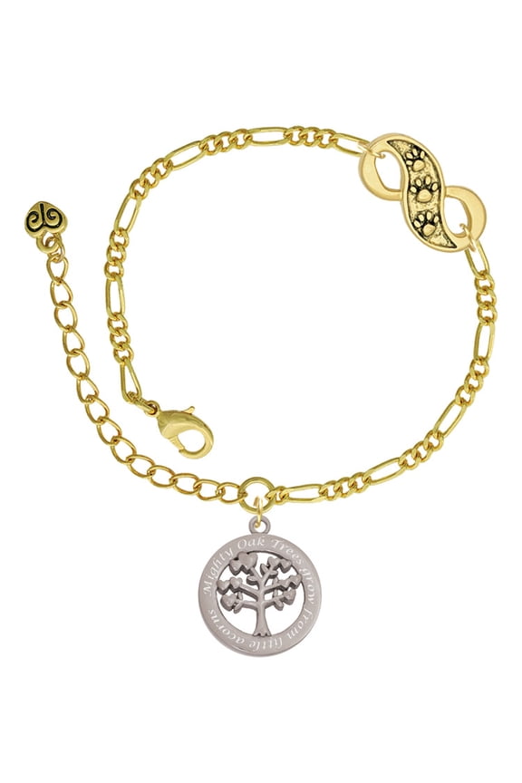 Stainless Steel Mighty Oak Tree of Life - Gold-tone Paw Infinity Link Chain Bracelet, 6"+2" Extender