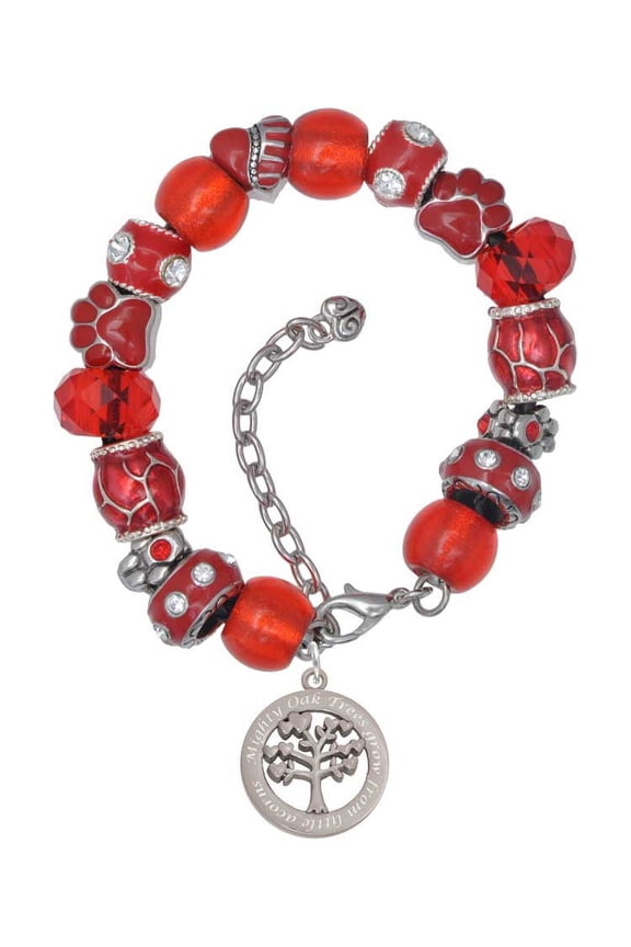 Stainless Steel Mighty Oak Tree of Life - Red Paw Print Bead Bracelet, 7"+2"