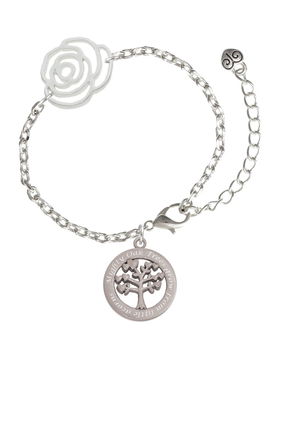 Stainless Steel Mighty Oak Tree of Life - Silver-tone Flower Link Chain Bracelet, 6.75"+2" Extender