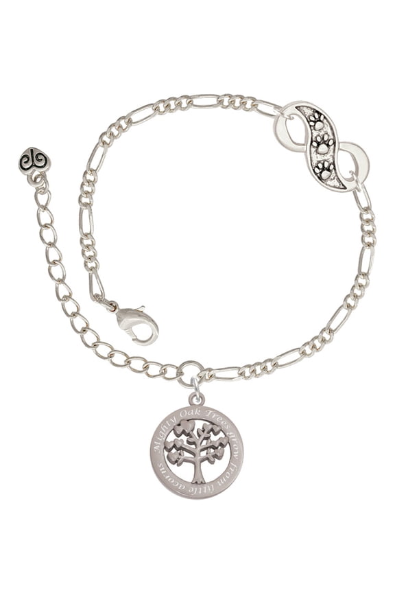 Stainless Steel Mighty Oak Tree of Life - Silver-tone Paw Infinity Link Chain Bracelet, 6"+2" Extender