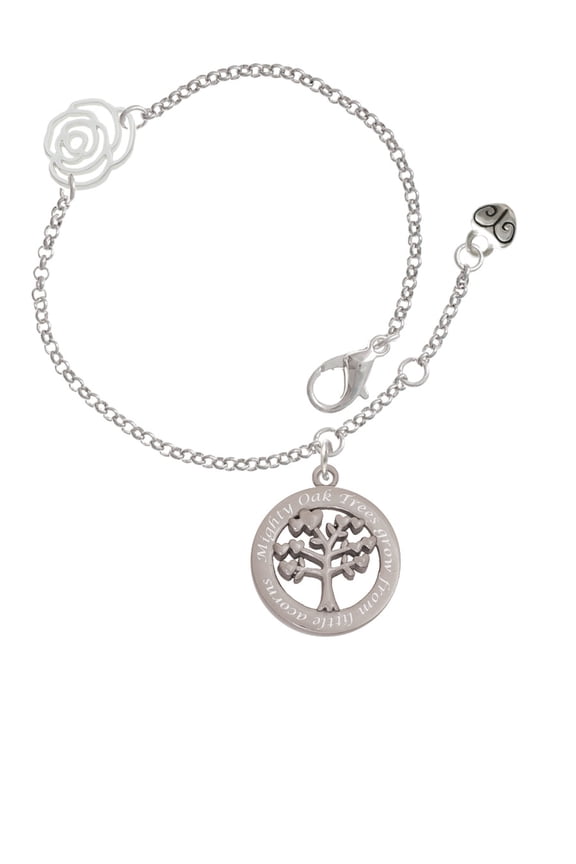 Stainless Steel Mighty Oak Tree of Life - Silver-tone Rose Link Chain Bracelet, 6.25"+1.75" Extender