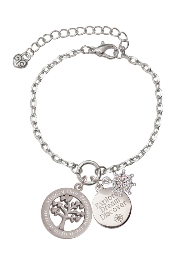 Stainless Steel Mighty Oak Tree of Life - Silvertone Discover Dream Explore Zoey Charm Bracelet, 6.5+2" Extender