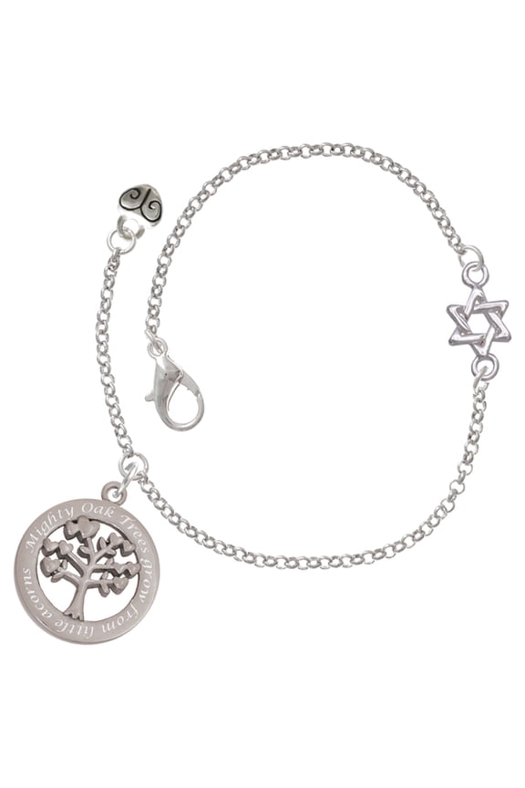 Stainless Steel Mighty Oak Tree of Life - Silvertone Star of David Delicate Bracelet, 6.25+1.75" Extender