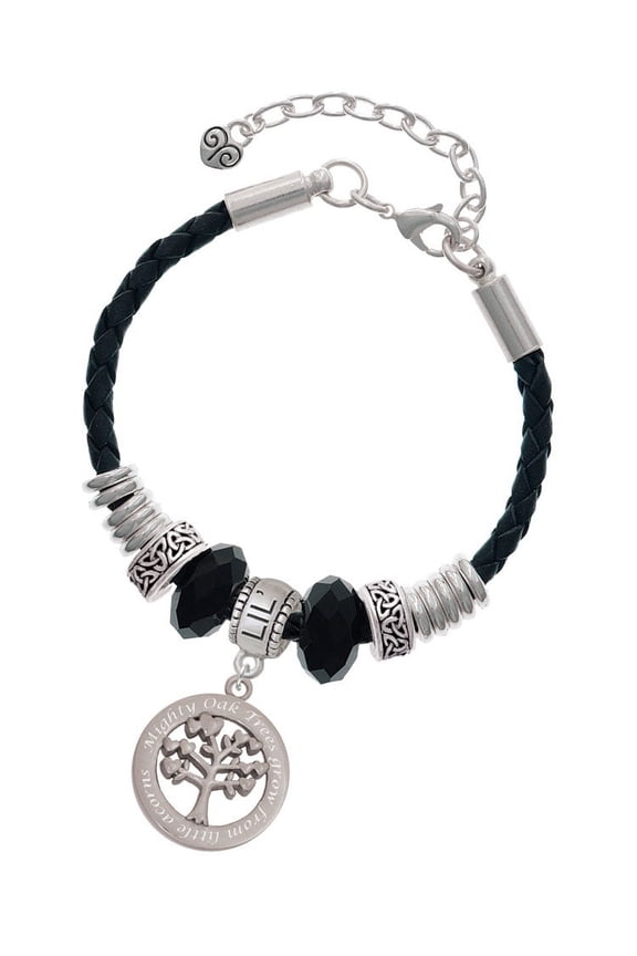 Stainless Steel Mighty Oak Tree of Life - Sister Celtic Knot Leather Bead Bracelet, 7"+2" Extender
