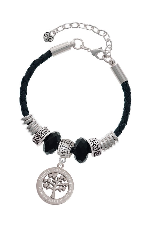 Stainless Steel Mighty Oak Tree of Life - Wife Celtic Knot Leather Bead Bracelet, 7"+2" Extender