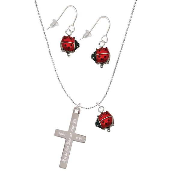 Delight Jewelry Stainless Steel Numbers 6:24 - Bless and Keep You Engraved Cross - Red Lucky Ladybug Necklace and Dangle Earrings Set