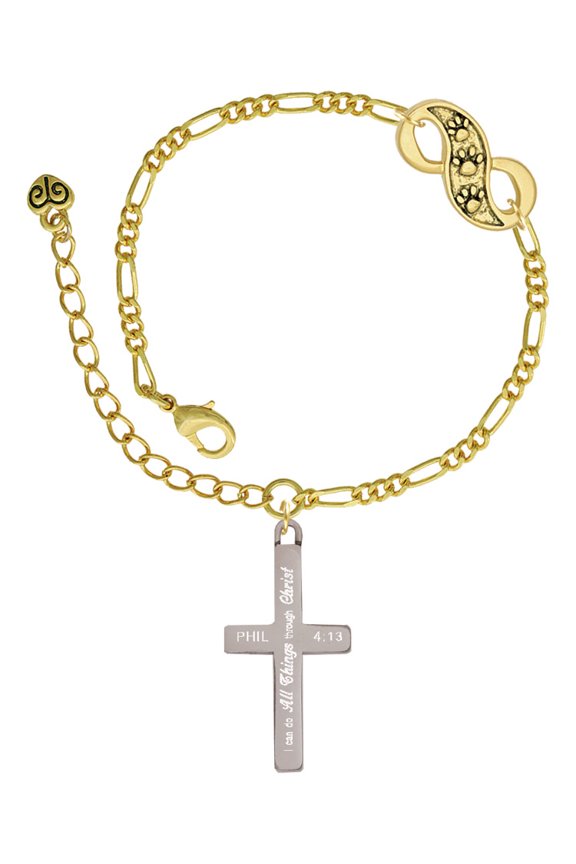 Stainless Steel Philippians 4:13 - I Can Do All Things Engraved Cross - Gold-tone Paw Infinity Link Chain Bracelet, 6"+2" Extender