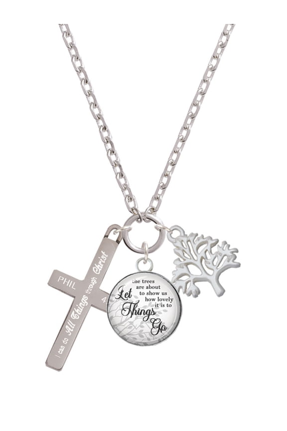 Stainless Steel Philippians 4:13 - I Can Do All Things Engraved Cross - Let Things Go Fall Zoey Charm Necklace, 28"