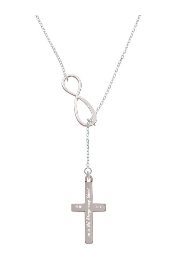 Stainless Steel Philippians 4:13 - I Can Do All Things Engraved Cross - Silver tone Elegant Infinity Lariat Necklace
