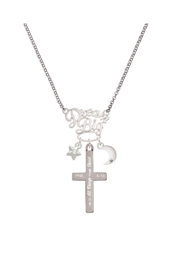 Stainless Steel Philippians 4:13 - I Can Do All Things Engraved Cross - Silvertone Dream Big Pendant Necklace, 25"