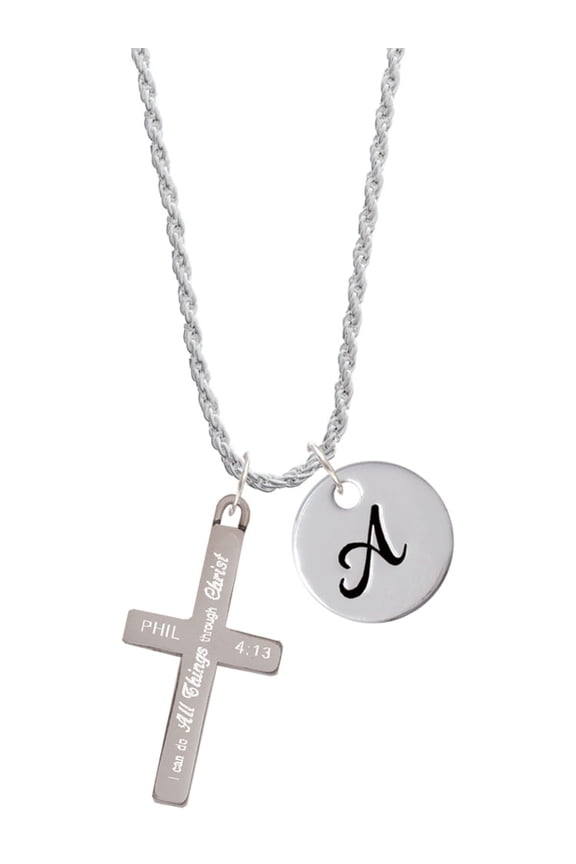 Stainless Steel Philippians 4:13 - I Can Do All Things Engraved Cross - Silvertone Script Initial Disc - A - Charm Necklace, 20"+3"