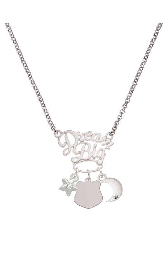 Stainless Steel Police Badge Blank - Silvertone Dream Big Pendant Necklace, 25"