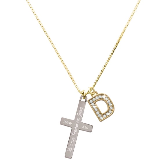Delight Jewelry Stainless Steel Proverbs 3:15 - She is Precious Engraved Cross with a Large Goldtone Crystal Initial - D - Charm Necklace, 17.5"+2"