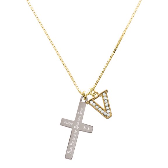 Delight Jewelry Stainless Steel Proverbs 31:31 - Praise Her Engraved Cross - Large Goldtone Crystal Initial - V - Charm Necklace, 17.5"+2"