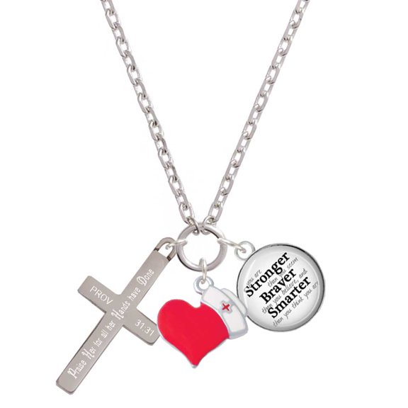 Delight Jewelry Stainless Steel Proverbs 31:31 - Praise Her Engraved Cross - Red Heart Nurse Strong Zoe Necklace