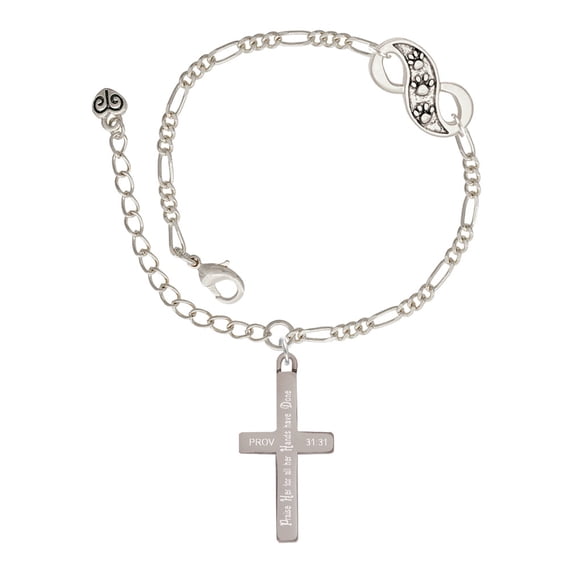 Delight Jewelry Stainless Steel Proverbs 31:31 - Praise Her Engraved Cross - Silver-tone Paw Infinity Link Chain Bracelet, 6"+2" Extender