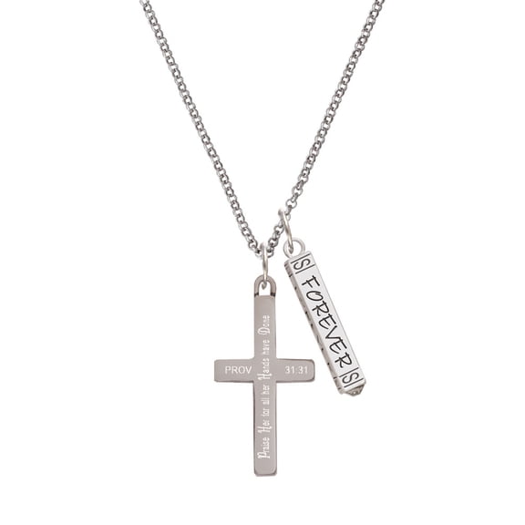 Delight Jewelry Stainless Steel Proverbs 31:31 - Praise Her Engraved Cross - Silvertone Forever Bar Charm Necklace, 23"